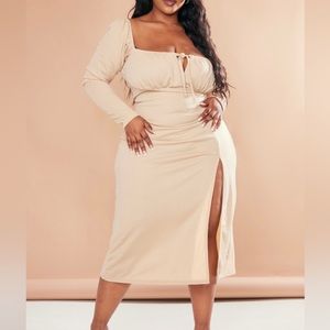 Stone Puff Sleeve Tie Front Midi Dress